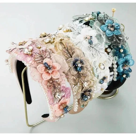 BAROQUE Style Headband Pearl Lace Petal Diamond Crystal Pink - Picture 2 of 8